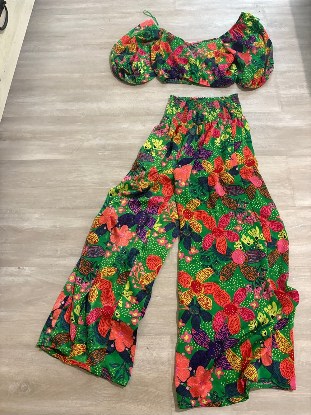 Sienna Sky Green Floral Two-Piece Pants & Crop Top Set